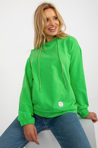 Chic and comfortable hoodie sweatshirt crafted from 90% cotton, designed with a kangaroo pocket and distinctive patch for a fashionable twist.