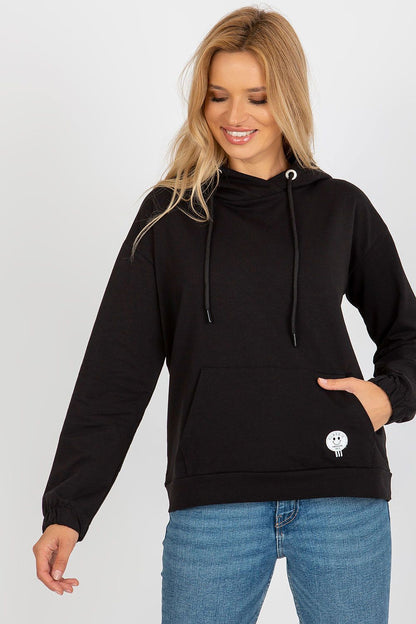 Refined hoodie sweatshirt in soft cotton blend, featuring a practical kangaroo pocket and a unique patch that adds an artistic touch, ideal for everyday luxury.