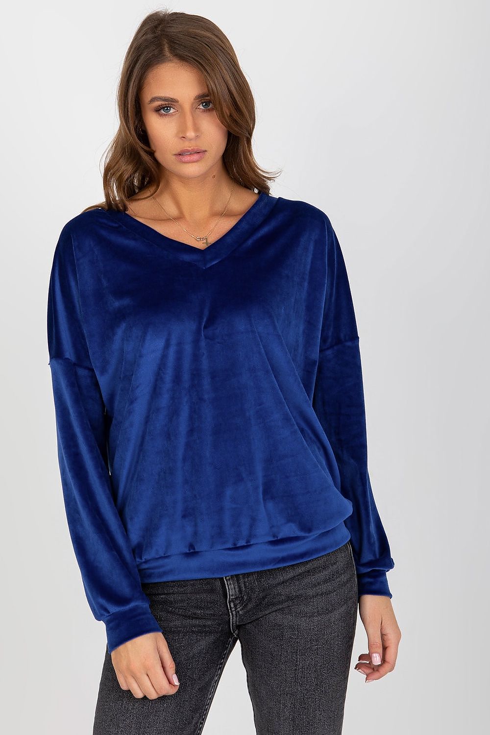 Elegant luxury velour sweatshirt with V-shaped neckline designed for comfort, ideal for casual styling on cold days.