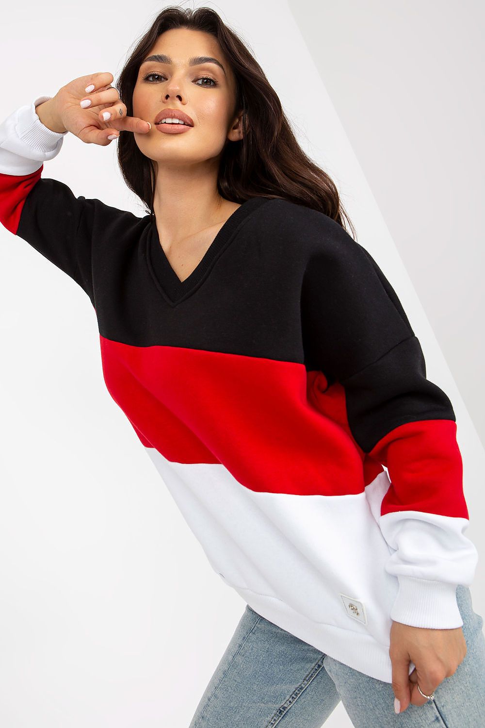 High-quality cotton sweatshirt showcasing a simple V neckline and unique colourful design, suitable for a range of occasions.