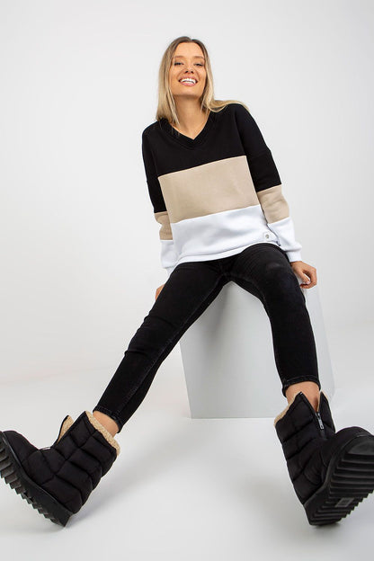 Elegant V-Neck Cotton Sweatshirt featuring vibrant colourful details, showcasing luxurious comfort and style, ideal for chic everyday wear.