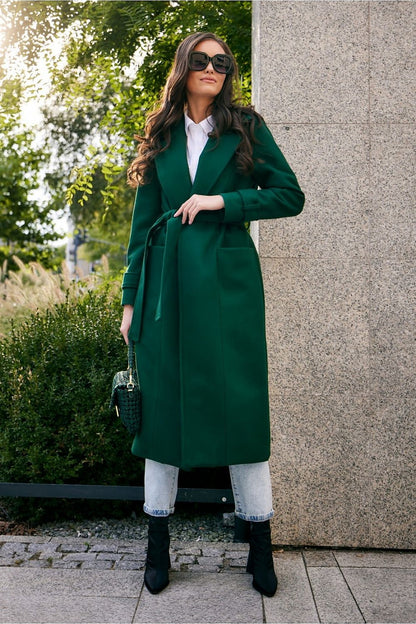 Model wearing the Roco Fashion wool tie coat, accentuating its fitted waist and chic silhouette, ideal for both casual and formal outfits.