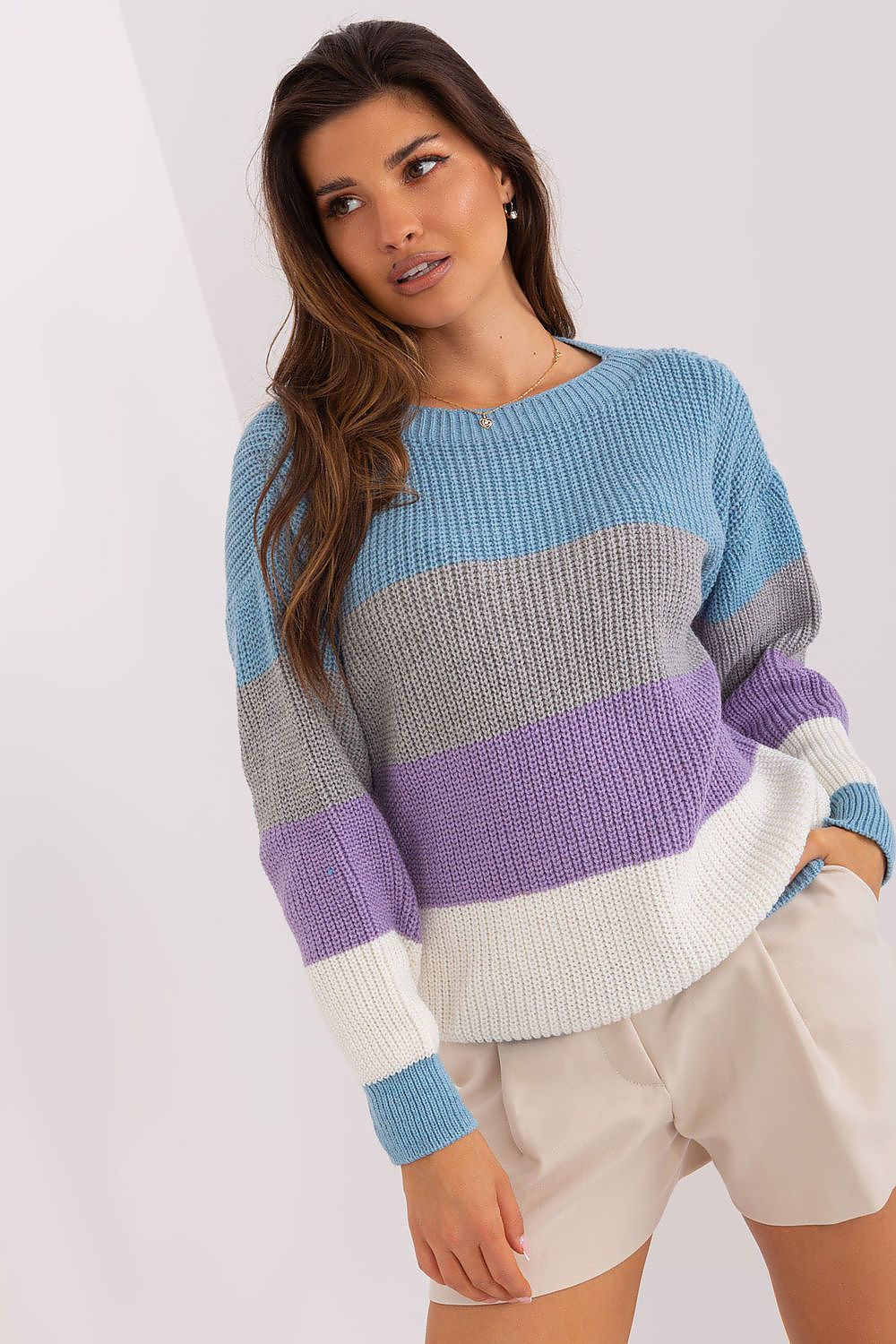 Elegant Casual Striped Acrylic and Wool Jumper by Badu, featuring a stylish boat neckline and comfortable long sleeves, perfect for a luxurious everyday look.