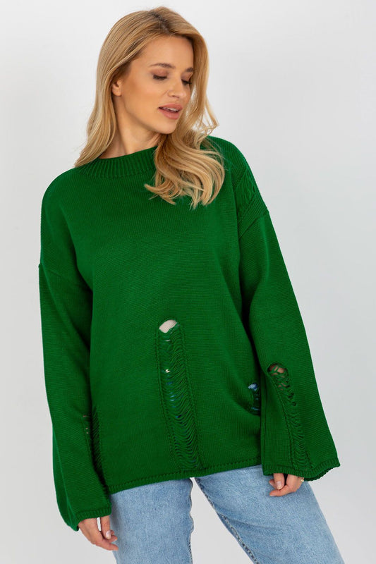 Elegant Badu casual sweater featuring a boat neckline and unique subtle holes, crafted from a luxurious acrylic and wool blend, perfect for stylish everyday wear.