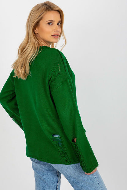 Elegant Badu casual sweater featuring a sophisticated boat neckline and unique subtle holes, made from a luxurious acrylic and wool blend.