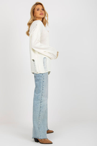 Elegant Badu casual sweater featuring a sophisticated boat neckline, crafted from a soft acrylic and wool blend, showcasing unique subtle holes for added style.