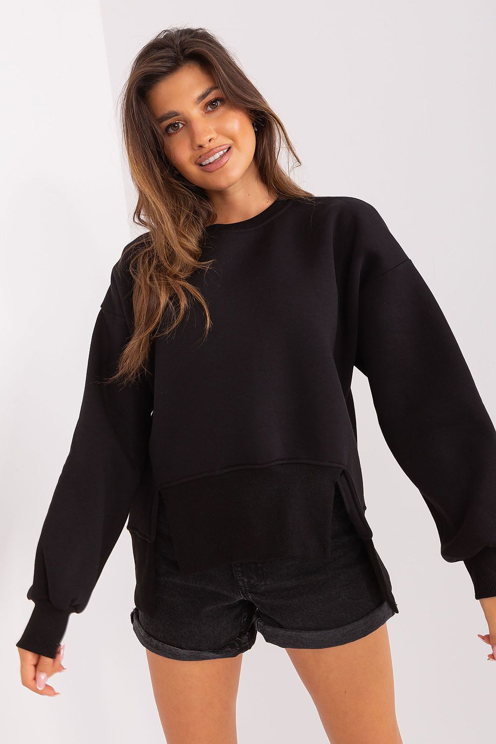 Luxurious Ex Moda Women's Asymmetrical Cotton Sweatshirt in a sophisticated design featuring a round neckline and long sleeves, perfect for stylish everyday wear.