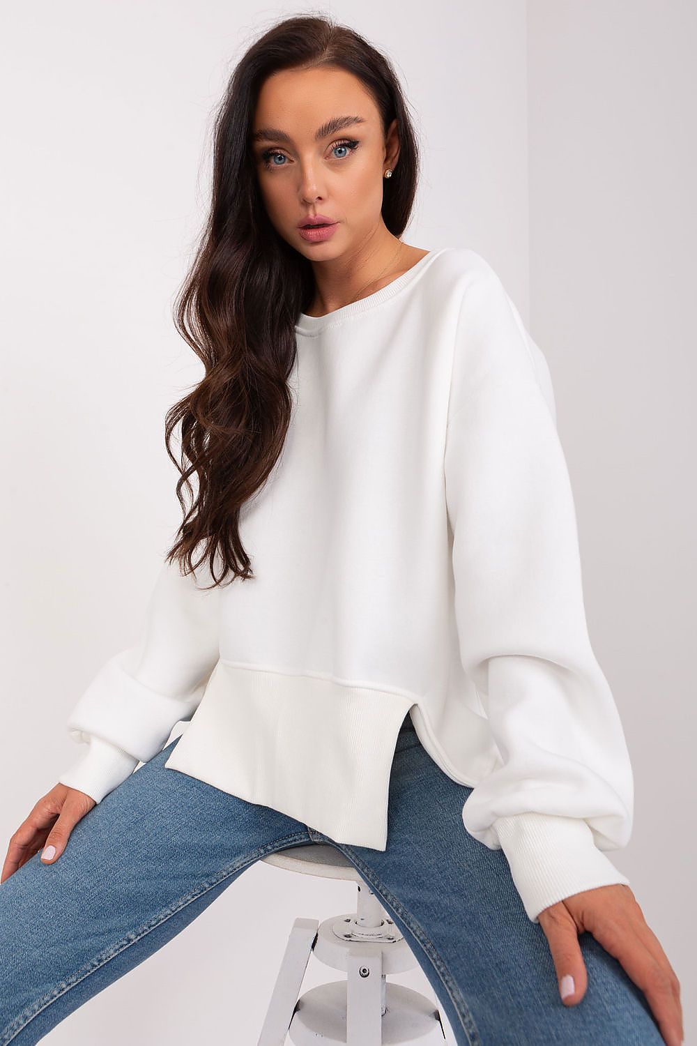 Ex Moda Women's luxury asymmetrical cotton sweatshirt featuring a sophisticated round neckline and elegant long sleeves, perfect for stylish everyday wear.