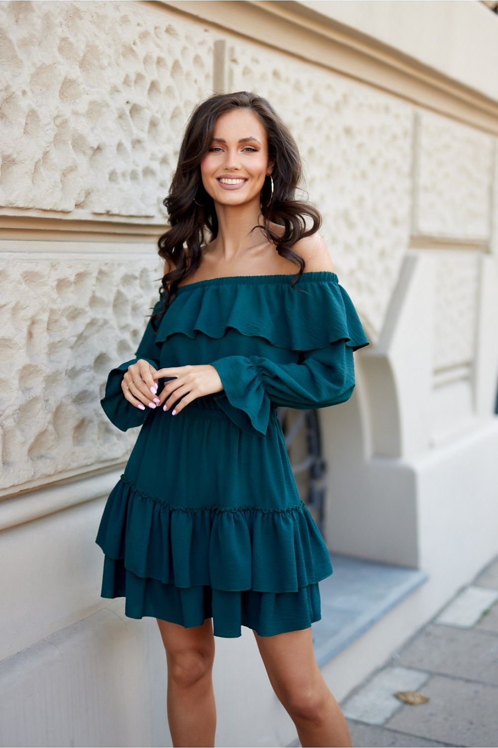 Elegant Roco Fashion Daydress featuring a sophisticated ruffled neckline and graceful flared bottom, perfect for stylish daytime wear.