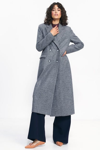 Luxurious oversized grey coat featuring elegant double row fastening and sophisticated over-the-knee length.
