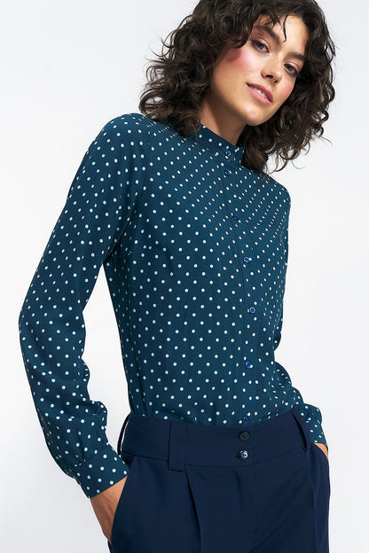 Elegant long sleeve button-down shirt by Nife crafted from 100% viscose, featuring a sophisticated stand-up collar for a refined business attire look.