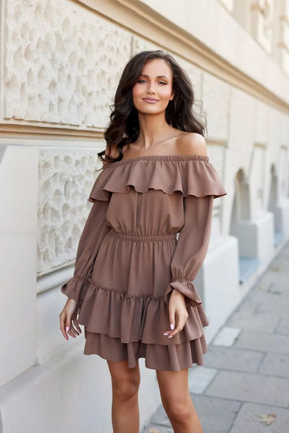 Elegant Roco Fashion Daydress with ruffled neckline and sleeves, showcasing a flared bottom in a luxurious design.