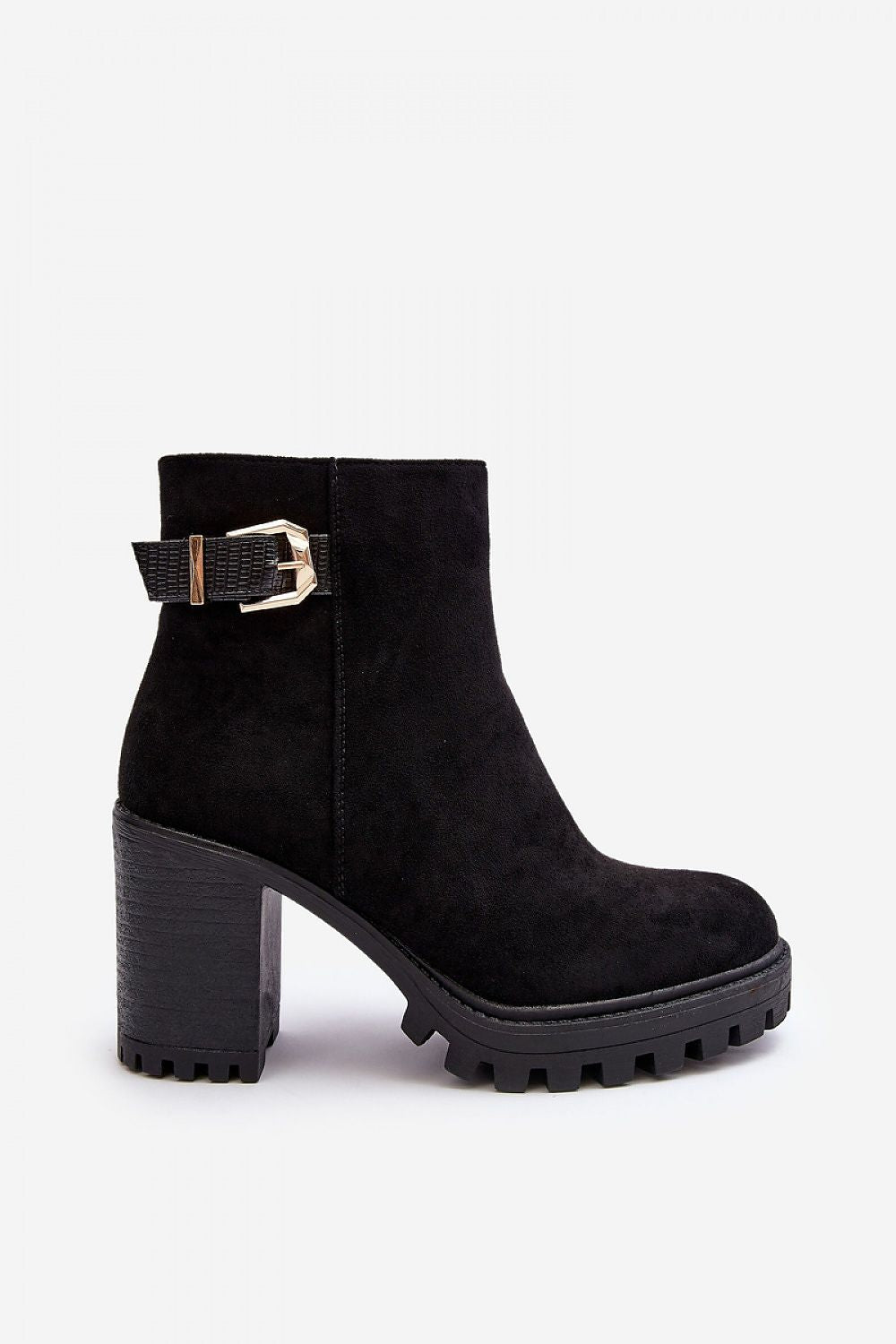 Exquisite women's eco-suede heel boots featuring a stylish gold buckle, 9cm heel height perfect for autumn-winter fashion.