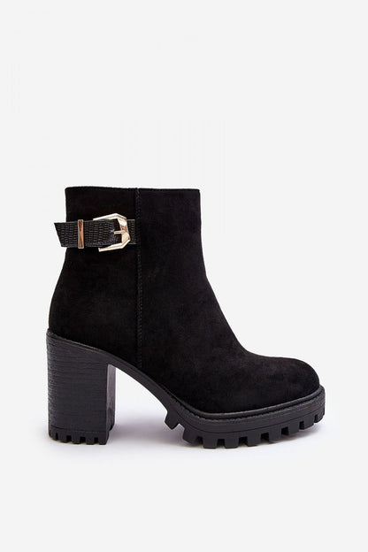 Exquisite women's eco-suede heel boots featuring a stylish gold buckle, 9cm heel height perfect for autumn-winter fashion.