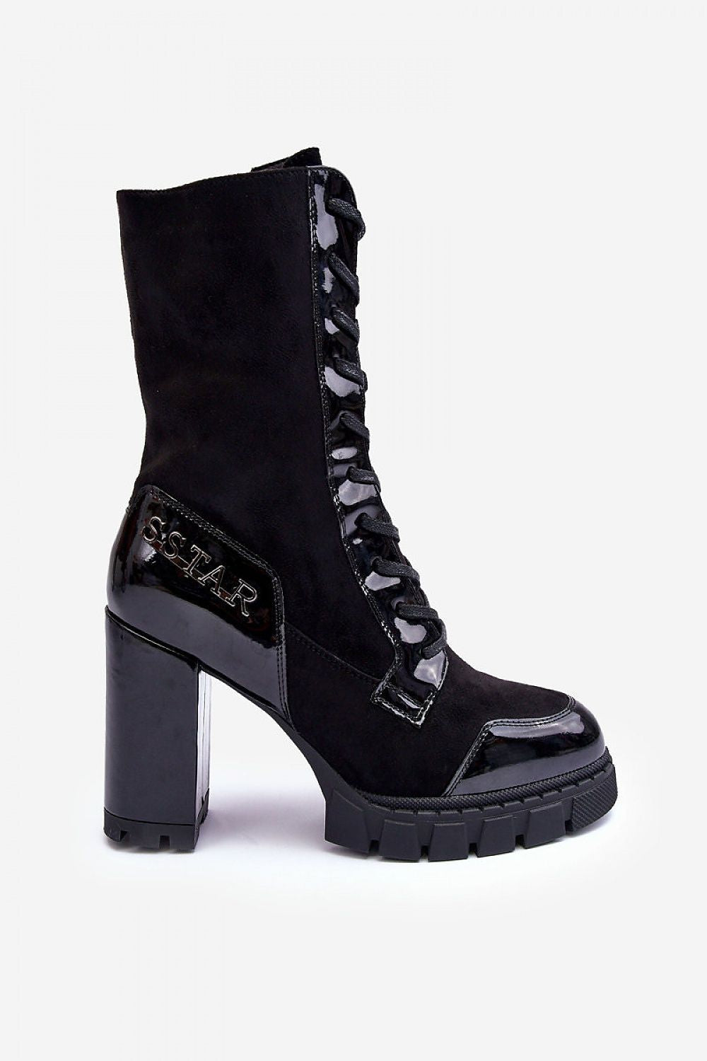 Elegant women's heel boots made from sustainable eco leather and suede, showcasing a chic front lacing and inner zipper for secure fit, ideal for a sophisticated winter style.