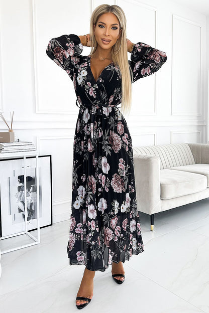 Luxurious Numoco Chiffon Midi Dress featuring long sleeves and a stunning pink floral print on a black background, perfect for elegant occasions, available in size EU 0.