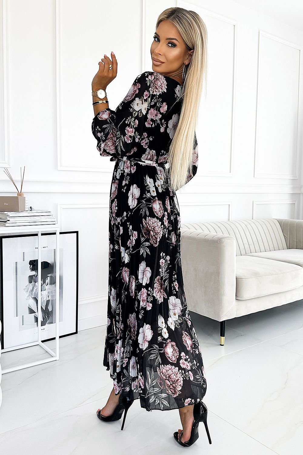 Elegant Numoco Chiffon Midi Dress in pink floral print featuring long sleeves and a waist tie, perfect for sophisticated occasions, Size EU 0.