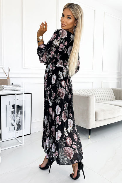 Elegant Numoco Chiffon Midi Dress in pink floral print featuring long sleeves and a waist tie, perfect for sophisticated occasions, Size EU 0.