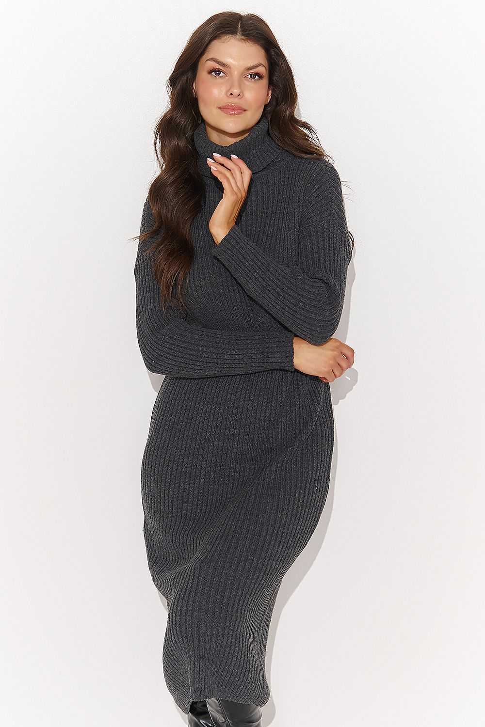 Elegant Numinou midi length sweater dress in classic black, made from 100% acrylic for a luxurious feel.