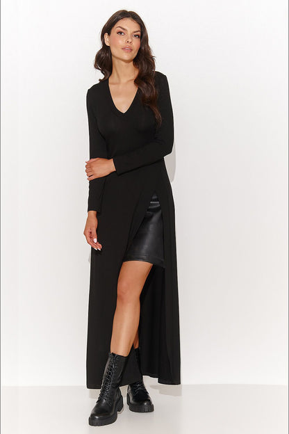 Elegant double-layered black viscose dress with eco-leather skirt featuring a stylish NU logo patch, showcasing a fitted silhouette and dramatic V-shaped neckline.