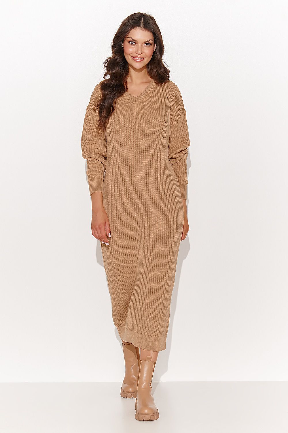 Numinou long sleeve sweater dress featuring a heart neckline, presented in classy mocha, perfect for elegant autumn-winter fashion.
