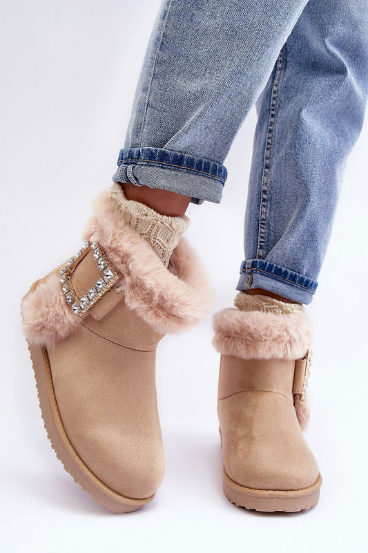 Elegant eco-suede snow boots with luxurious fur insulation and stylish buckle detail, perfect for chic winter wear.