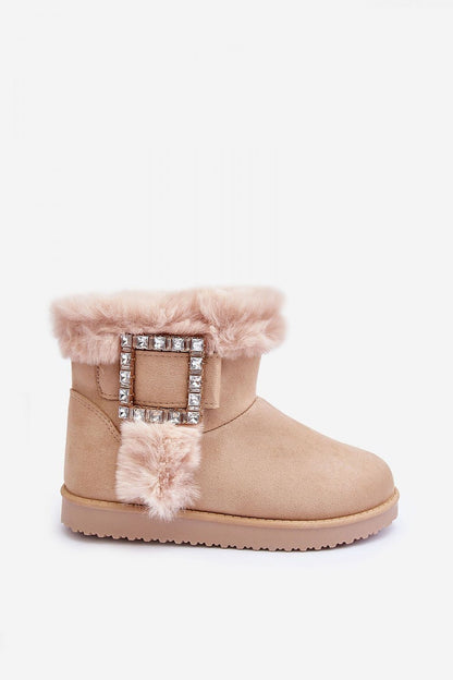 Fashion-forward snow boots with insulated fur interior and sophisticated buckle embellishment, designed for comfort and style.
