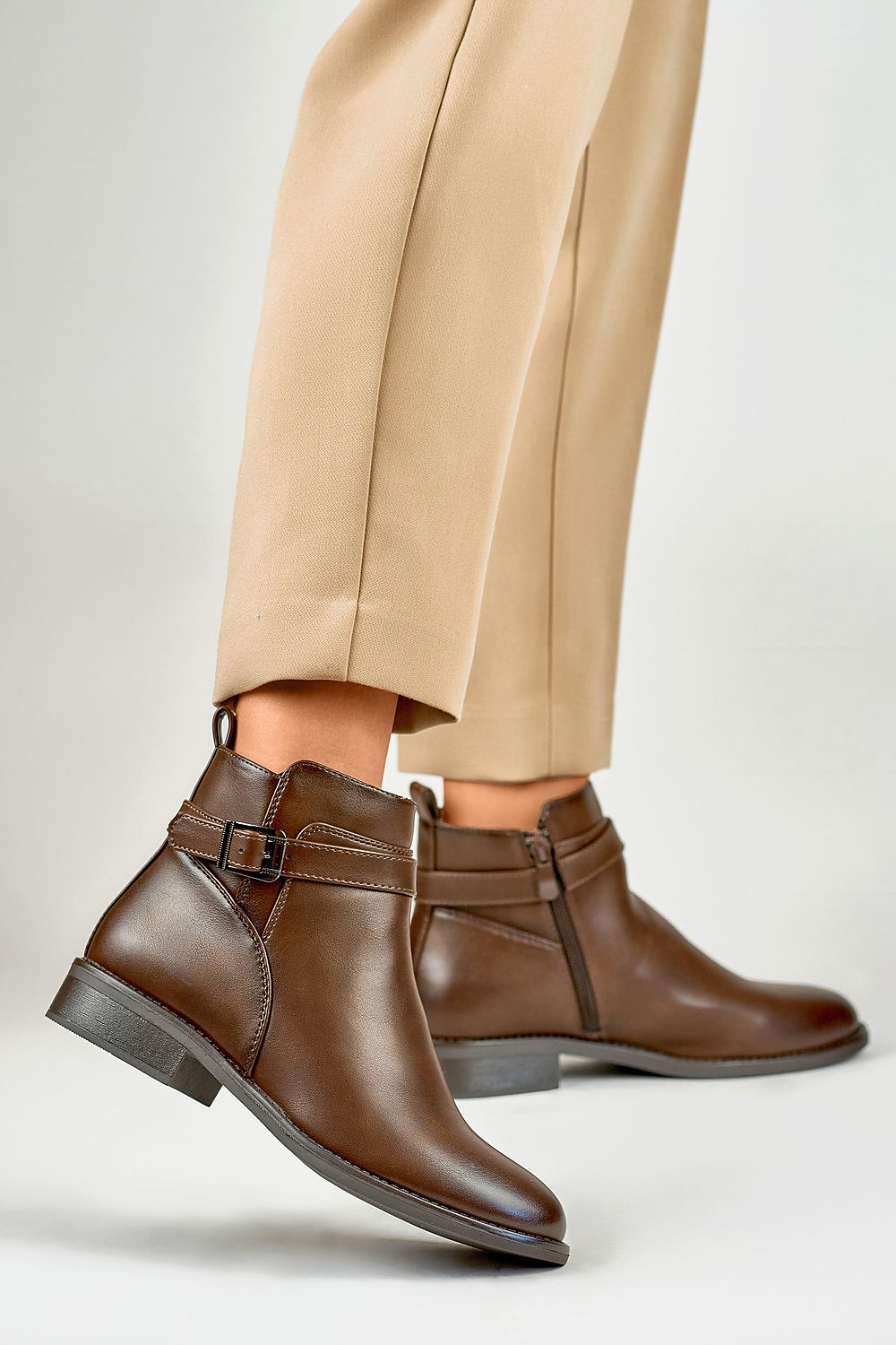 Side view of PRIMO Eco-Leather ankle boots with a low heel, demonstrating stability and fashionable appeal for all-day wear.