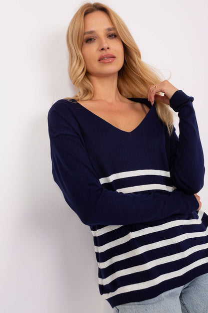 Chic long-sleeved striped V-neck sweater for women by Badu, featuring a sophisticated design ideal for layering.
