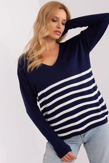 Fashionable view of the Badu elegant striped sweater, demonstrating its versatility to pair with jeans or dress pants.