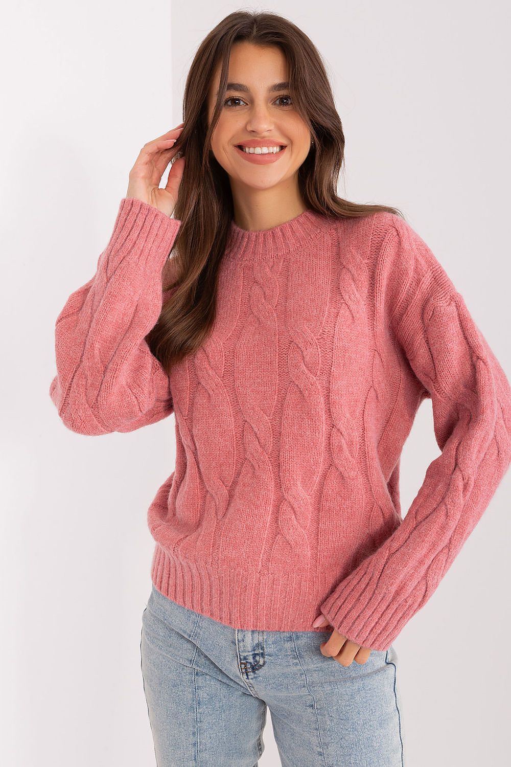 Sophisticated round neck long sleeve sweater for women, crafted from high-quality acrylic for warmth and fashionable appeal during colder months.