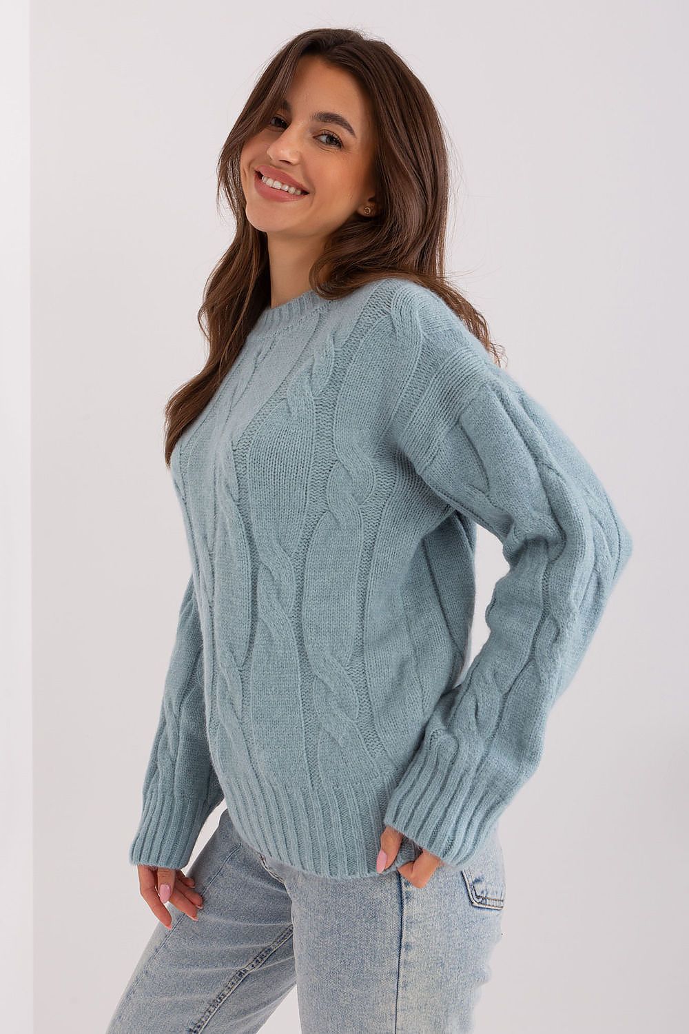 Stylishly fitted women's acrylic sweater in classic round neck design, perfect for pairing with pants or skirts for an elegant office look.