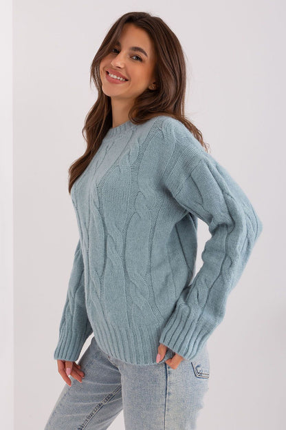 Stylishly fitted women's acrylic sweater in classic round neck design, perfect for pairing with pants or skirts for an elegant office look.