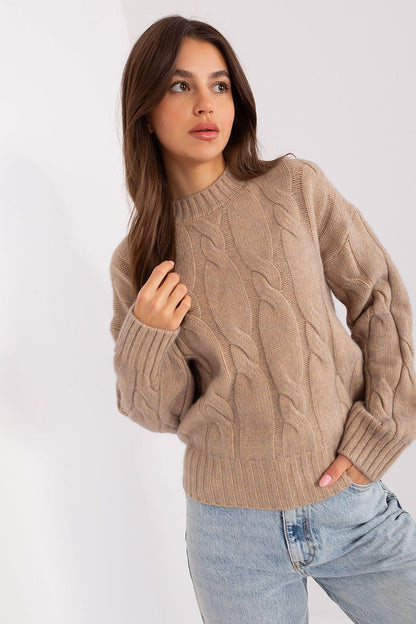 Full-length view of feminine women's acrylic sweater with unique texture, perfect for versatile styling and elegant fashion.