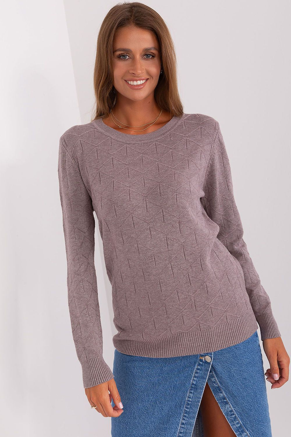 Fashionable women's cotton-blend jumper worn by a model, emphasizing the comfortable fit and trendy round neckline for modern style.