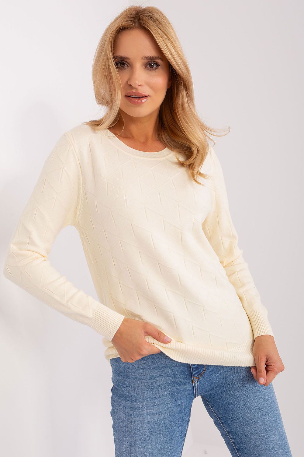 Luxurious women's cotton-blend jumper with long sleeves, featuring a versatile round neckline, designed for elegant everyday style.