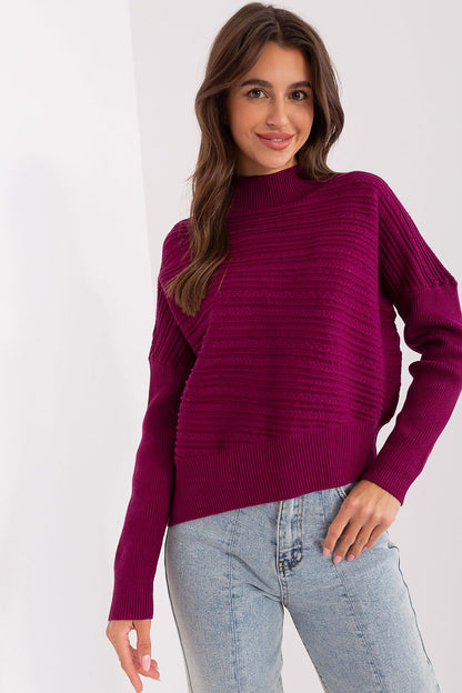 Luxurious women's variegated knit sweater featuring a low turtleneck and long sleeves, perfect for elegant casual wear.