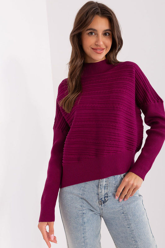 Luxurious women's variegated knit sweater featuring a low turtleneck and long sleeves, perfect for elegant casual wear.