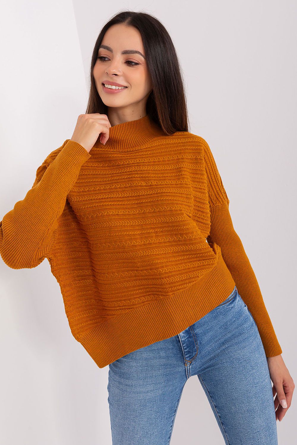 Full length shot of a model wearing the elegant women's knit sweater in a casual setting, showcasing comfort and sophistication.