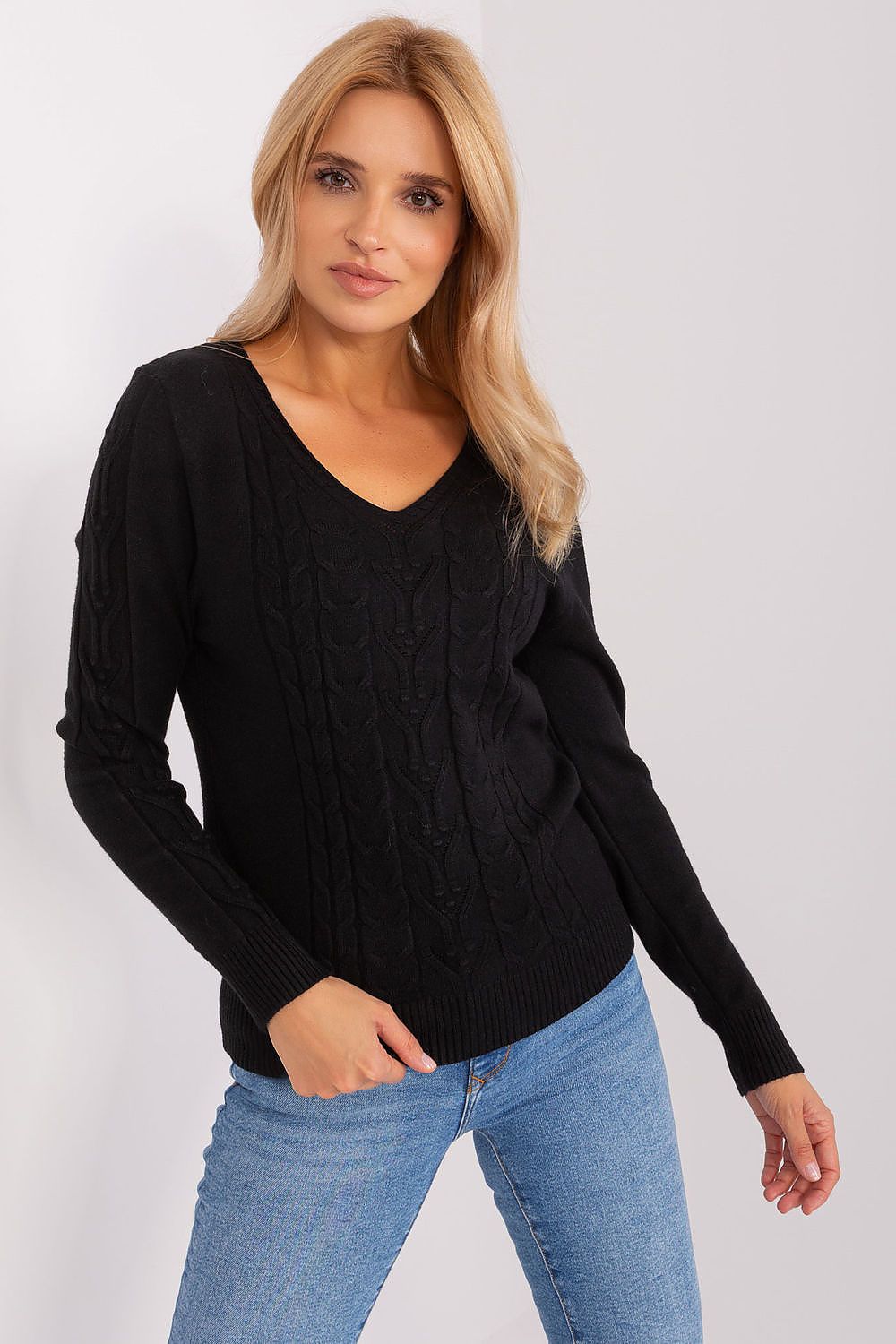 Elegant women's V-neck jumper in soft cotton blend, featuring a variegated texture and exquisite embellishments, perfect for stylish everyday wear.