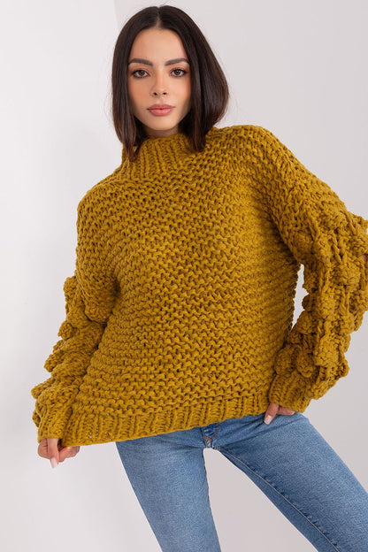 Elegant women's puff sleeve sweater in soft polyester with stylish round neck design, perfect for any occasion.