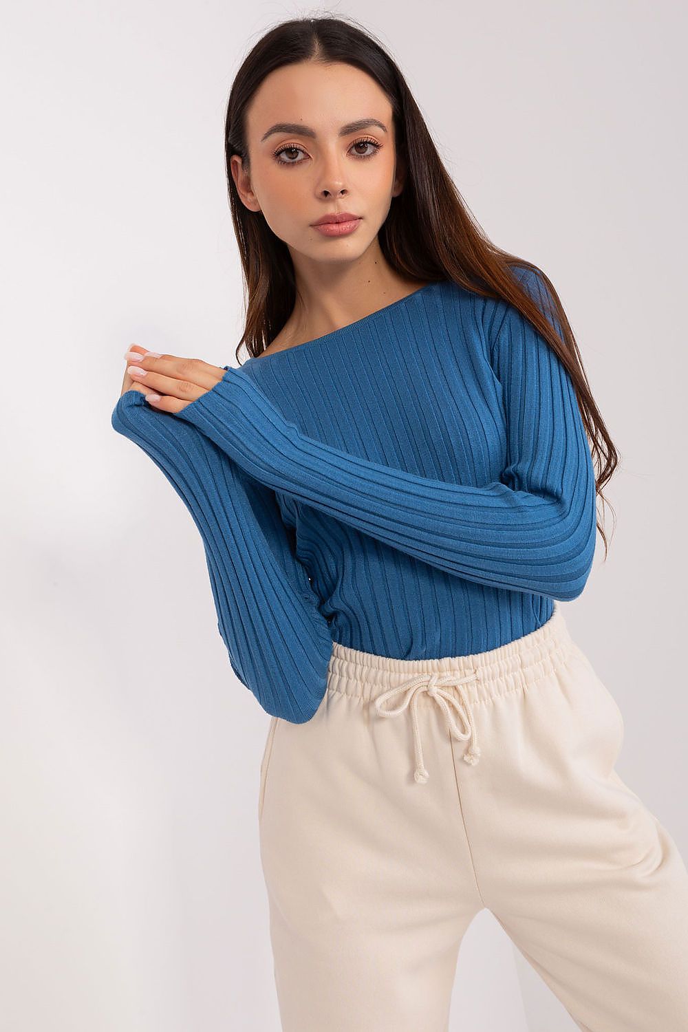 Elegant ribbed women's classic sweater by Factory Price, featuring a timeless long sleeve and round neck design, perfect for varying occasions.