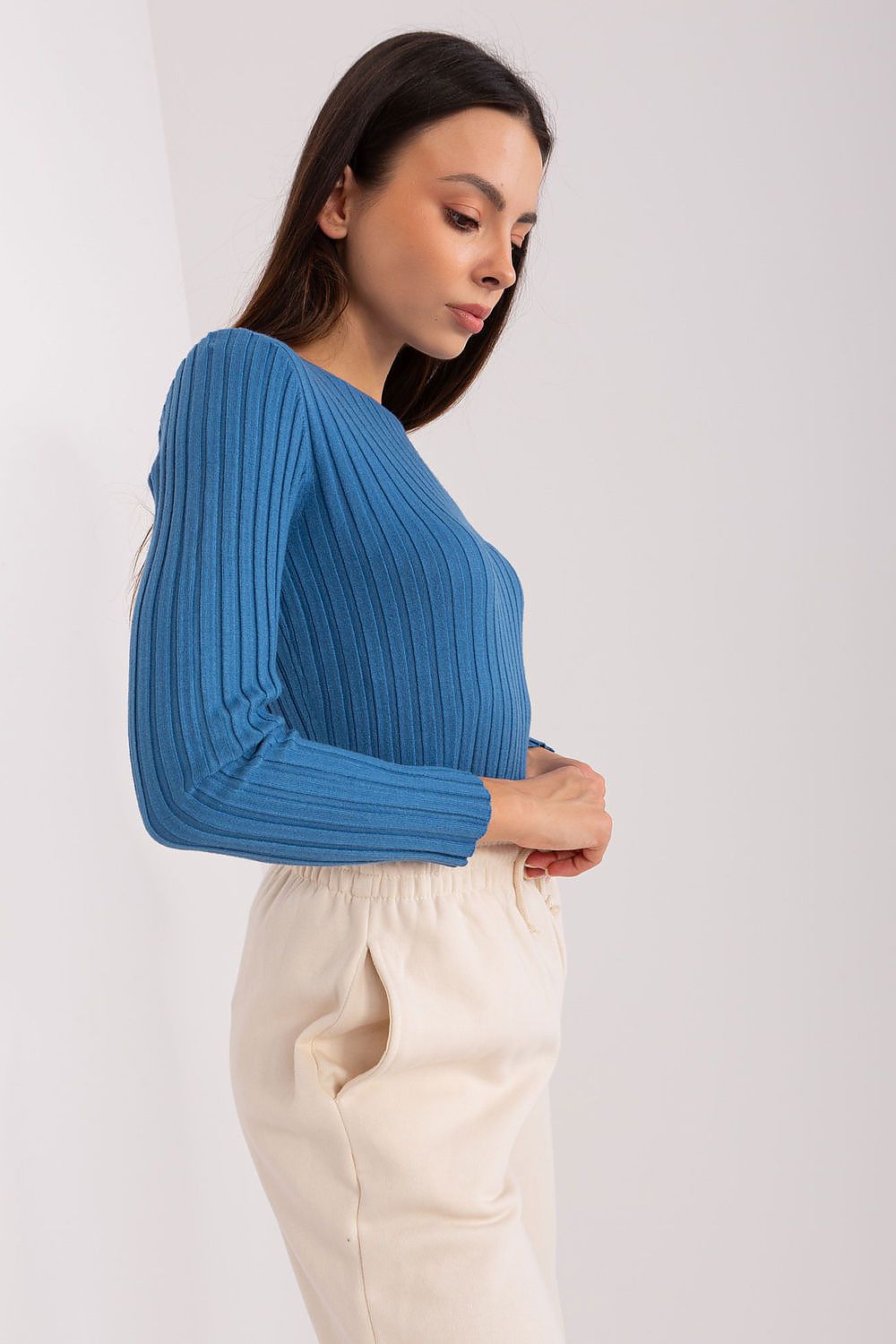 Chic women's long sleeve round neck sweater by Factory Price, combining comfort and elegance with its rich ribbed texture, ideal for layering or standalone wear.