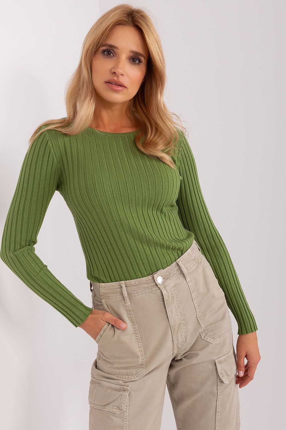 Elegant Women’s Classic Ribbed Sweater from Factory Price showcasing a round neck and ribbed texture, perfect for stylish layering.