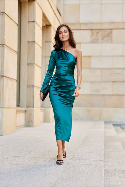 Close-up view of Roco Fashion's satin midi dress highlighting the delicate fabric and stylish one sleeve design, ideal for formal occasions.