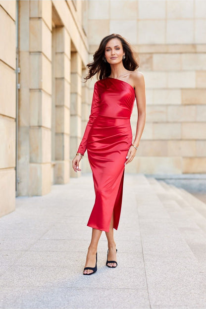 Roco Fashion elegant satin midi dress with one long sleeve and a subtle leg slit, showcasing luxurious fabric and refined design.