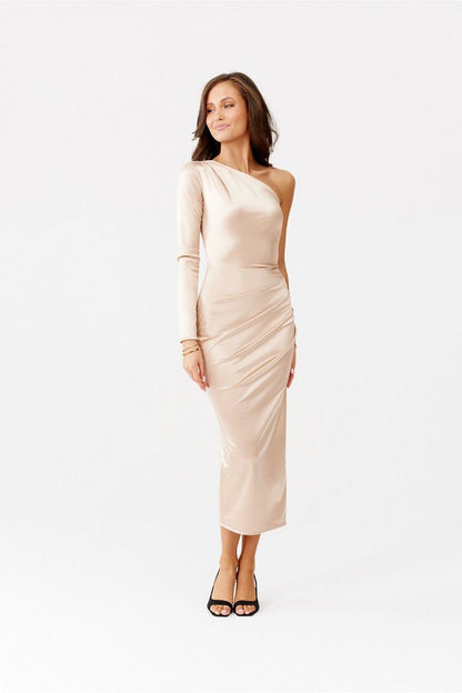 Roco Fashion elegant satin midi dress featuring one long sleeve and a stylish slit, perfect for sophisticated evening wear.