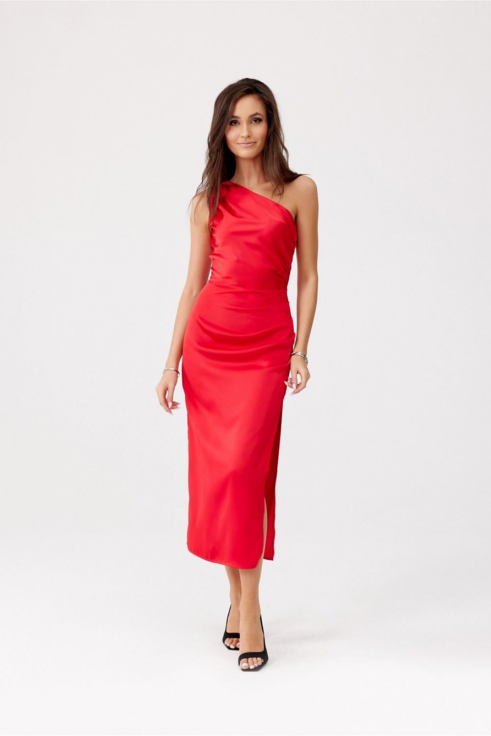 Stylish back view of Roco Fashion's elegant one-shoulder midi dress featuring a chic satin finish and covered zipper.