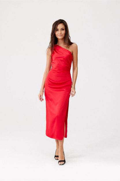 Stylish back view of Roco Fashion's elegant one-shoulder midi dress featuring a chic satin finish and covered zipper.