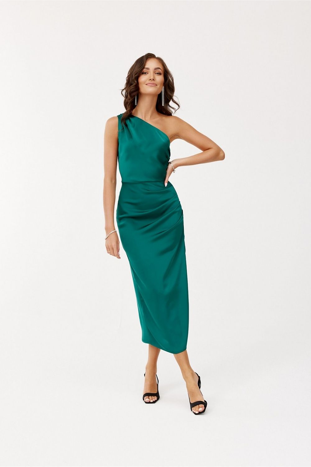 Full-length view of the classy one-shoulder satin midi dress by Roco Fashion, perfect for formal occasions and showcasing timeless style.